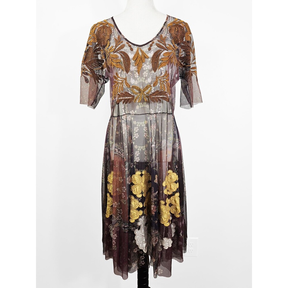 Johnny Was Biya Medium Jovie Mesh Overlay Dress No Slip Short Sleeve Embroidered